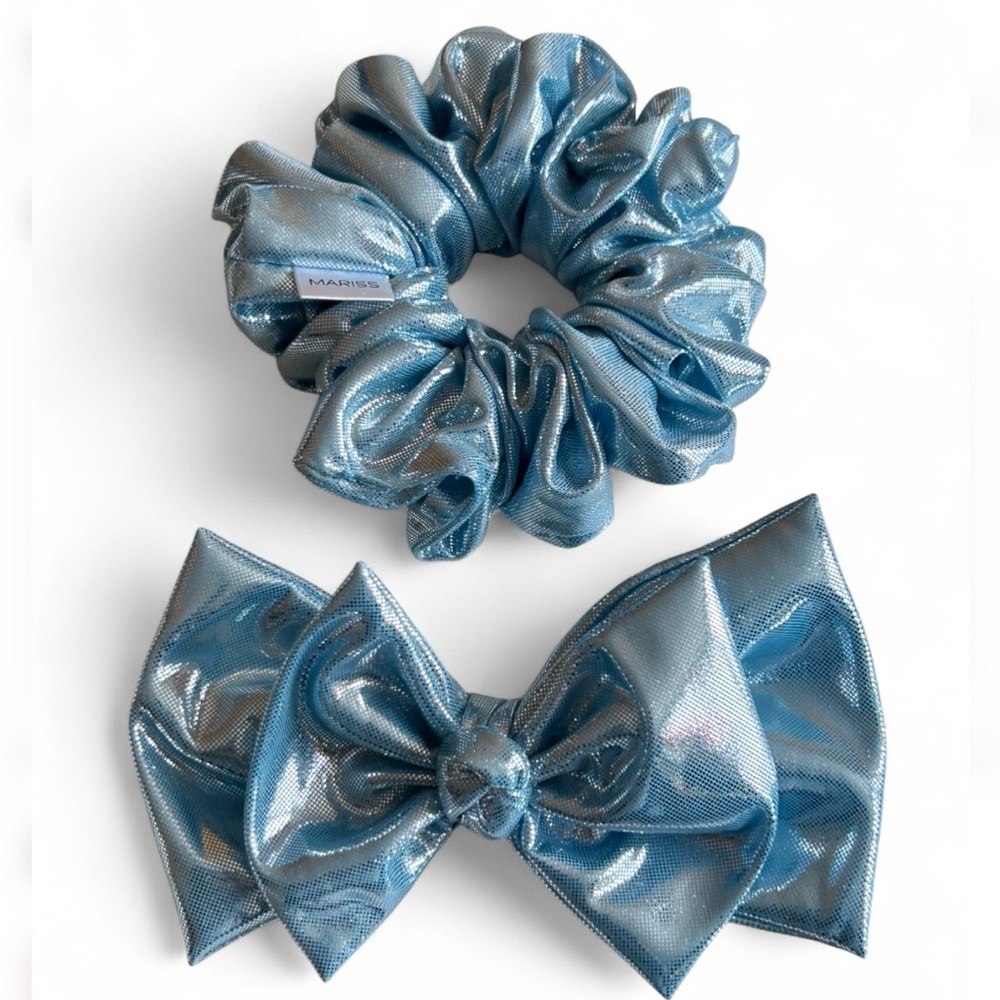 Handmade Shiny Blue Hair Scrunchie and Bow Set,